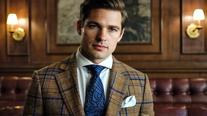 Stylishly dressed man in a tailored suit standing in an elegant, vintage interior with rich wood paneling - Powered by Adobe