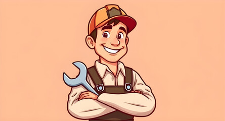 Cartoon mechanic, Mechanic with wrench, Auto repair character, Cartoon technician, Car mechanic vector, Funny mechanic illustration, Friendly mechanic, Garage worker cartoon, Mechanic holding tool, Re