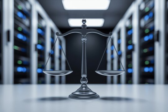 Symbol of justice scales of balance centered in a modern server room with blurry blue and green lights - Powered by Adobe