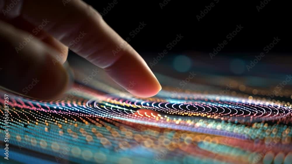 Poster close-up of fingertip tapping on holographic data interface with colorful patterns and light