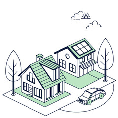 Naklejka premium Two Eco Homes with Trees and Car — A simple vector scene of two suburban houses, one with solar panels, set amid green lawns, trees, and clouds, representing peaceful, eco-conscious living.