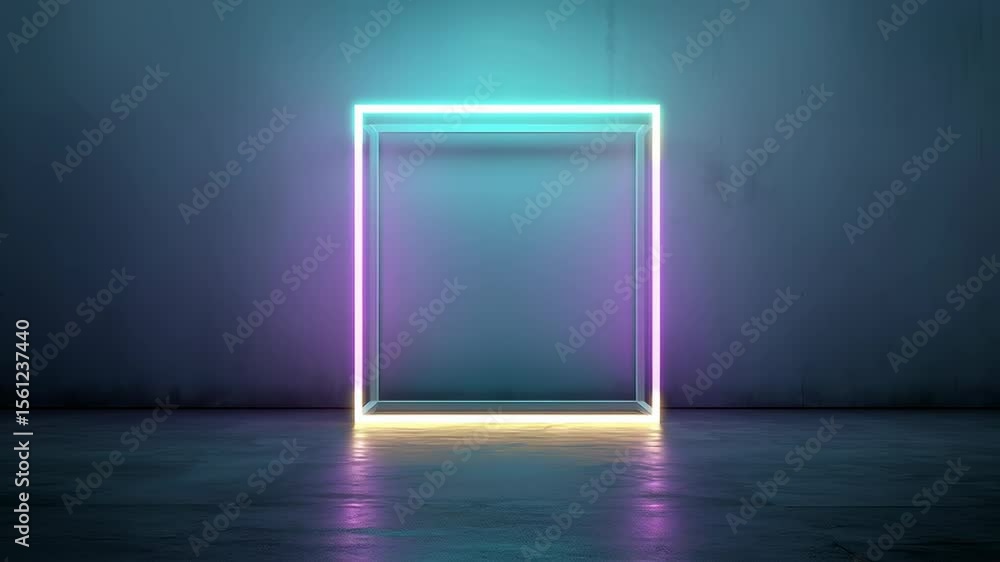 Poster neon light frame cube with chrome inner reflections in a futuristic setting