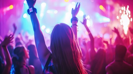 Energetic Crowd at Nightclub Event with Stage Lighting