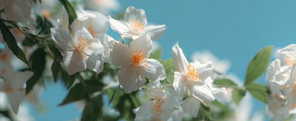 The delicate white blossoms against a serene blue sky background.