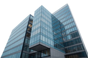 Modern glass office buildings with blue tinted windows reflecting the sky and surrounding structures against a white background