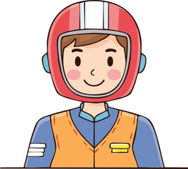 A smiling cartoon person wearing a red helmet and safety vest.
