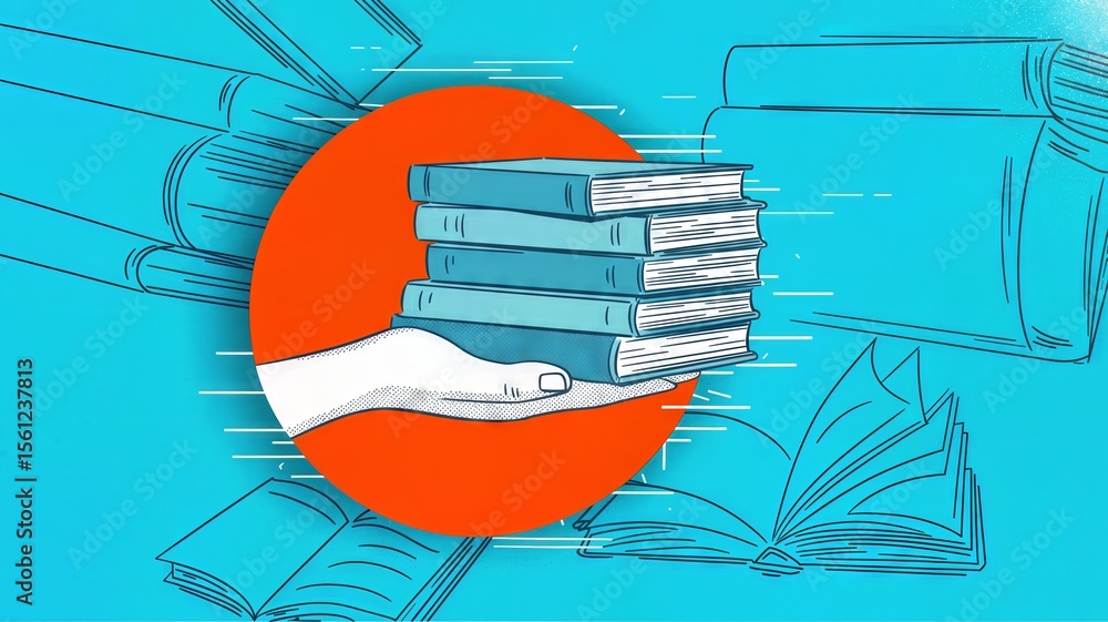 Poster hand holding stack of books on colorful background with lines and illustrations of open books