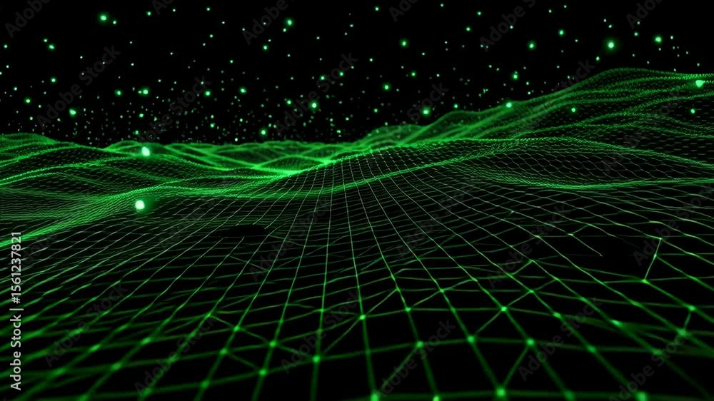Poster luminous green abstract data network with streams flowing in a digital environment