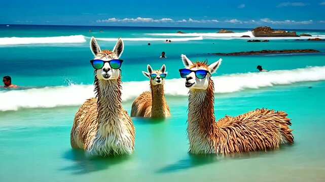 Three llamas wearing sunglasses wade in the turquoise ocean while beachgoers relax nearby