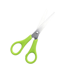 Flat lay of green scissors on white background for creative projects