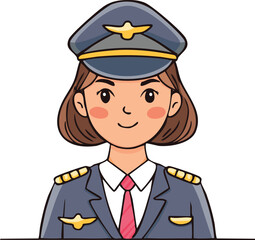 Cartoon illustration of a female pilot in uniform, smiling and facing forward.