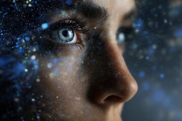 Closeup of a persons face overlaid with a digital network effect