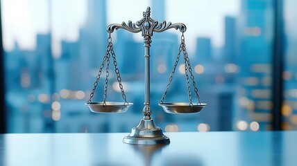 Brass scales of background balancing in even weight with city lights blurring in the justice at dusk