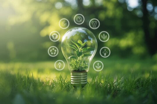 Green energy concept with a light bulb containing a plant and eco friendly icons surrounding it