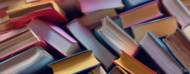 Obraz premium The vibrant collection of stacked books showcasing endless stories and knowledge.