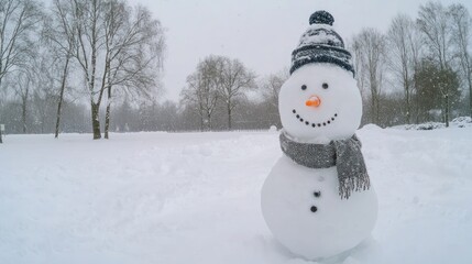 Winter scene featuring a snow figure in a park.