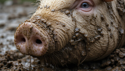 Close-up of a Happy Pig Wallowing in Mud, Showing its Snout and Blue Eye