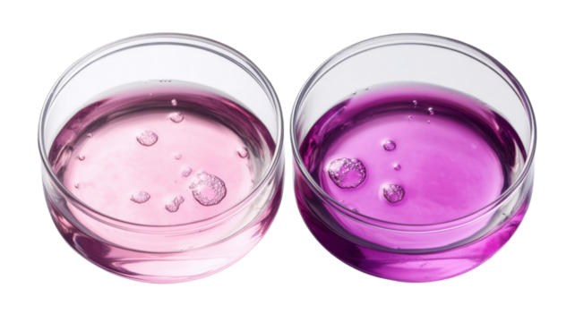 Title: Two Round Petri Dishes with Pink and Purple Solution Isolated on White Background
