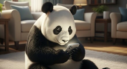 Big panda watching hand phone