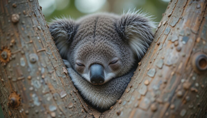 Peaceful Koala Sleeping Soundly in a Tree Fork, Australian Wildlife Resting