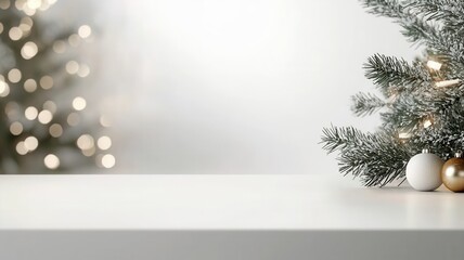 White blank mug on your table with christmas tree and ornaments on blurred background, perfect for showcasing white design
