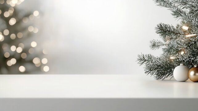 White blank mug on your table with christmas tree and ornaments on blurred background, perfect for showcasing white design