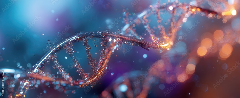 Poster the intricate double helix of dna illuminated with vibrant colors and sparkling effects.