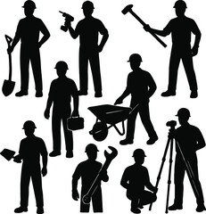 black silhouette illustrations of construction workers holding various tools 