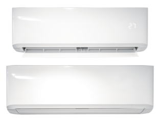 Two modern white air conditioning units on a transparent background, one displaying a digital temperature of 27 degrees Celsius, ideal for climate control concepts.