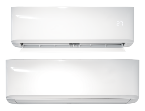 Two modern white air conditioning units on a transparent background, one displaying a digital temperature of 27 degrees Celsius, ideal for climate control concepts.