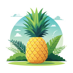 Pineapple Stylized Vector Design with Forest and Mountain Elements.