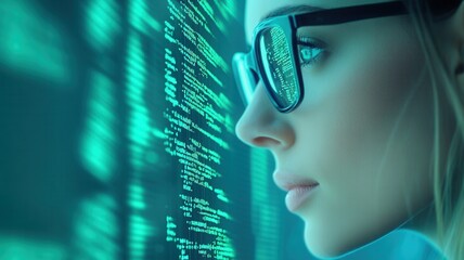 Programmer analyzing glowing source code on transparent display, bathed in neon lighting, representing cutting edge digital workspace environment