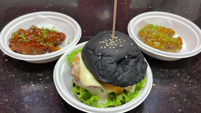 Black chicken burger with fried chicken kfc style 