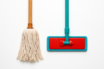  Traditional String Mop and Modern Flat Mop Side by Side