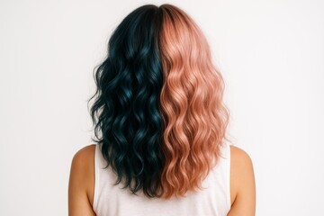 Fototapeta premium Woman with Half Dark Green and Half Pink Wavy Hair