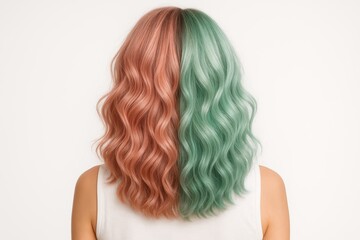 Fototapeta premium Woman with Half Coral and Half Mint Green Wavy Hair