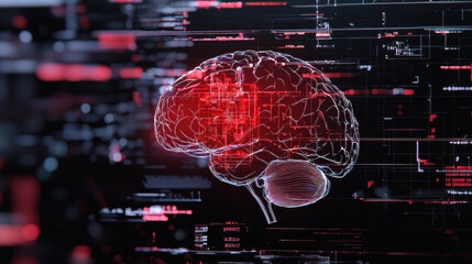 Digital representation of brain with glowing red elements against dark, abstract background filled with data patterns and codes, evoking sense