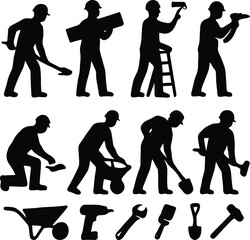 A set of black silhouettes of construction workers