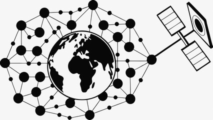 Illustration of a globe surrounded by a network with a satellite connected to the network node point