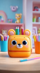 3D cartoon of a brightly colored pencil case designed to look like a cute animal