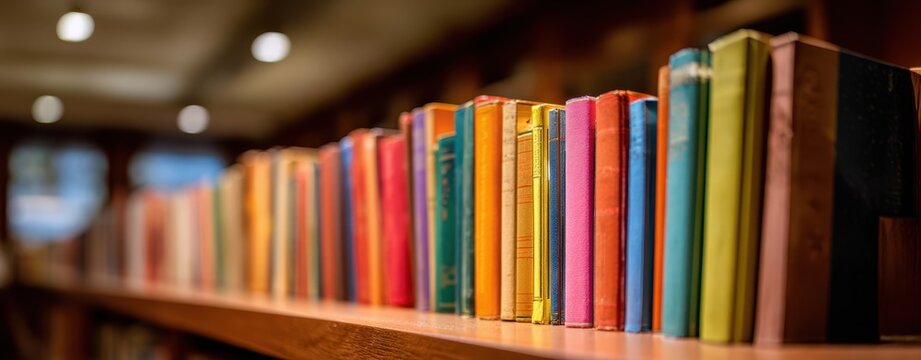 The vibrant collection of colorful books on a wooden library shelf.