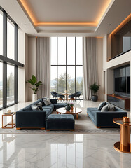 Modern luxury living room with Italian marble flooring, velvet sectional sofa, gold accents, panoramic windows, and soft ambient lighting, ultra HD