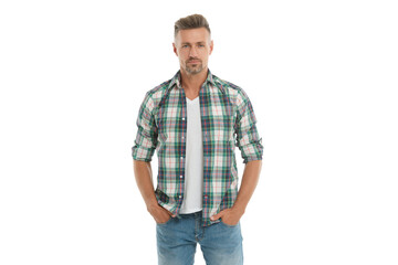 Obraz premium Stylish menswear fashion portrait. Adult man. Man in checkered shirt isolated white. Handsome man. Stylish male. Men casual style. Portrait of handsome guy in menswear