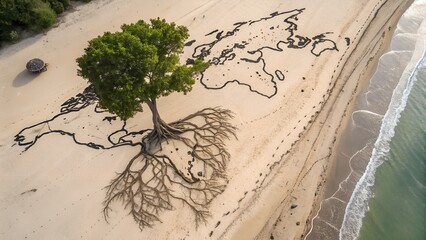  Tree on Sand World Map – Growth and Awareness Concept for Population Day
