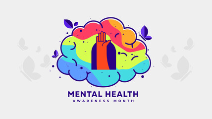Colorful flat vector illustration of a brain with raised hand and butterflies, symbolizing mental health awareness, support, and emotional recovery. Bright, bold, and expressive design