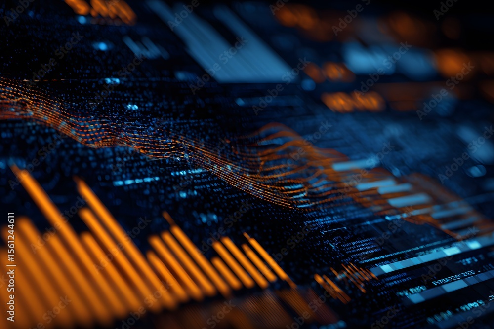 Poster a digital graphic depicting financial data visualizations with graphs and charts, representing stock