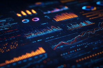 A digital graphic depicting financial data visualizations with graphs and charts, representing stock market