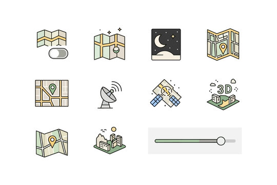 Navigation App Icons Featuring Maps, Satellite View and Night Mode