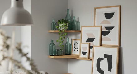 Modern Corner Shelf Decor: Abstract Art Prints, Glass Bottles, and Greenery