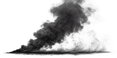 Voluminous Gray Smoke Cloud Rising from Ground Against Black Background